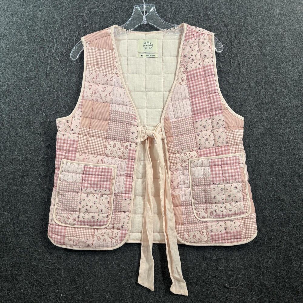 STOOSH Vest Women's Medium Pink Quilted Patchwork Tie Front Pockets Floral